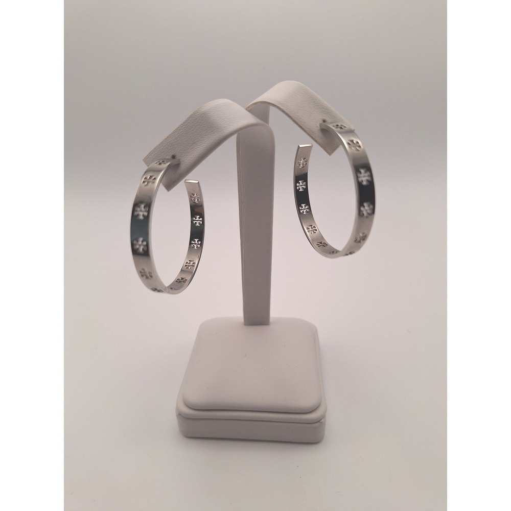 Tory Burch signature logo hoop earrings double T designer silver tone